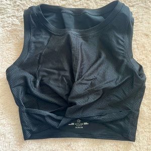 Black twist front ribbed semi-metallic sports bra